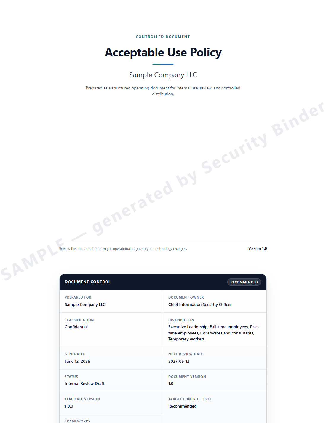 First page of the sample Acceptable Use Policy with a SAMPLE watermark